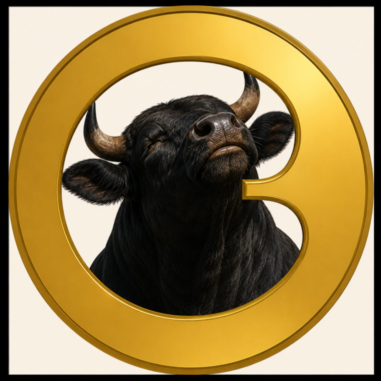 Gold Bullecoin emblem with a black bull inside the letter B